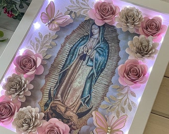 Glam Virgencita de Guadalupe flower box Shadowbox Our Lady of Guadalupe Handmade paper roses Lightup Lights Mother’s Day dia de las madres