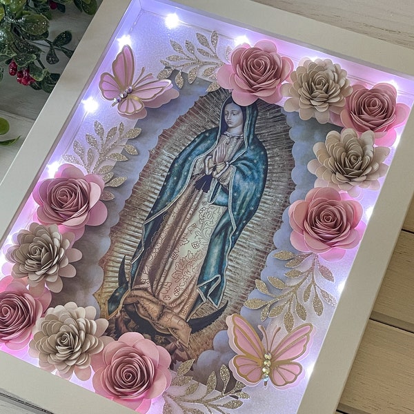 Glam Virgencita de Guadalupe flower box Shadowbox Our Lady of Guadalupe Handmade paper roses Lightup Lights Mother’s Day dia de las madres