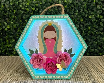 Baptism baby Virgencita 6x5inch wood plaque / Virgin Mary / religious Virgencita De Guadalupe Shadowbox with paper flowers Altar decorations