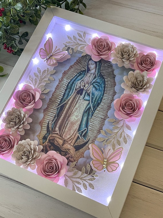 Handmade Virgencita Guadalupe Shadowbox: Paper Roses & Butterflies, Faith-Inspired Wall Art with Lights, 9x11in