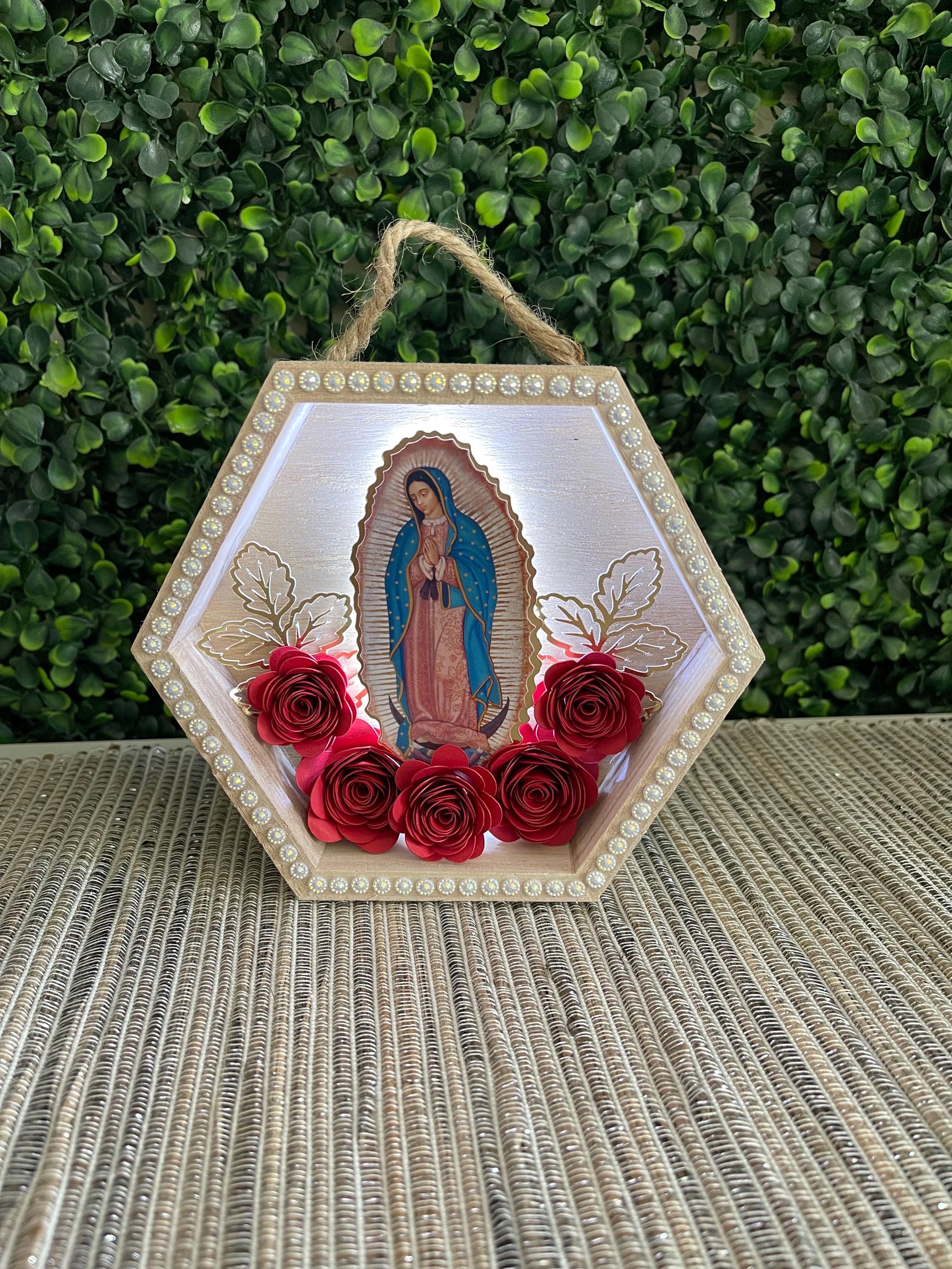 With Lights 6x5inch Wood Plaque Virgin Mary Religious Virgencita