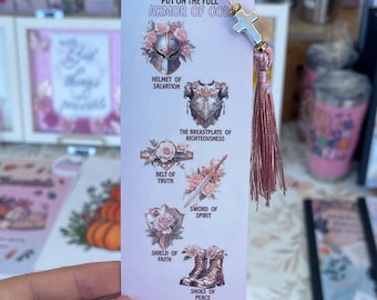 Armor of God Bible Bookmark – 2x6 in Christian Floral Design with Cross & Tassel