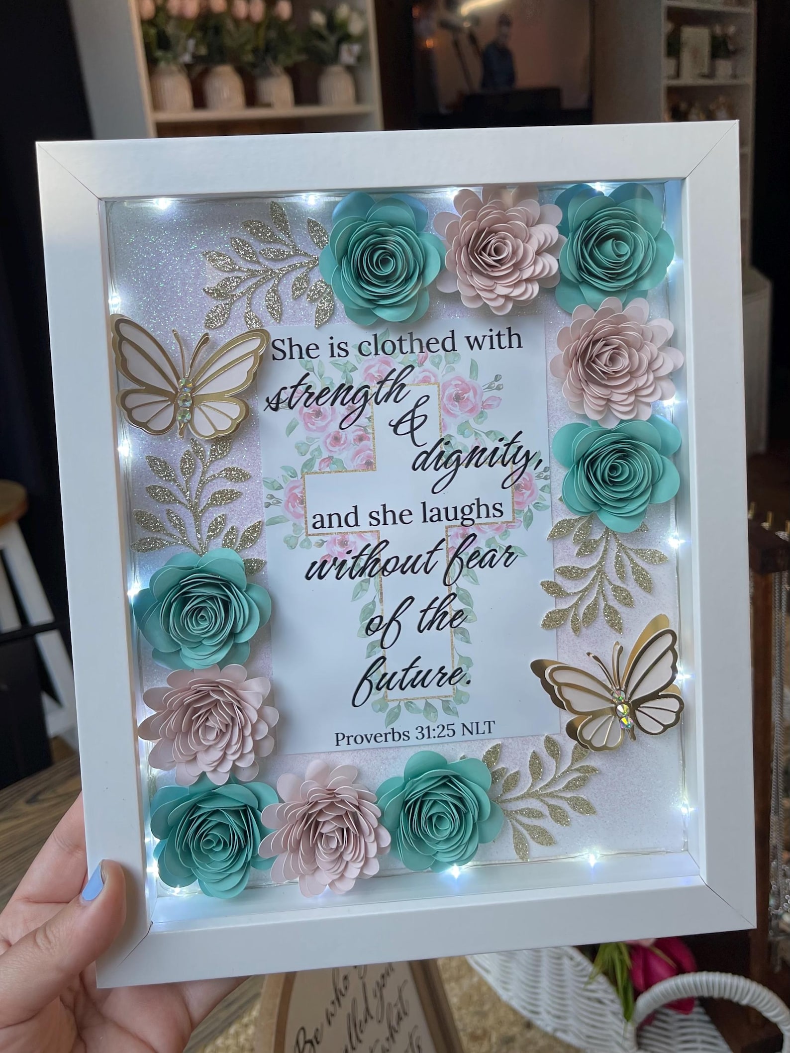 Proverb Frame Proverbs 31:25 Handcrafted Floral Paper Flowers 9x11inch Shadowbox ...