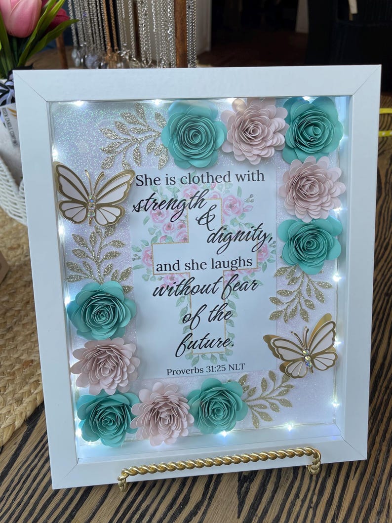 Proverb Frame Proverbs 31:25 Handcrafted Floral Paper Flowers 9x11inch Shadowbox ...