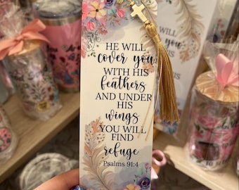 Psalm 91 Bible Bookmark – 2x6 in Christian Scripture with Floral Design and Cross Charm