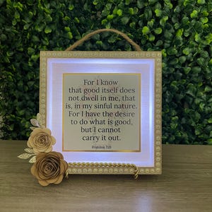 May include: Square, illuminated wall art with a gold frame and a decorative rope and paper flower embellishment. The text reads "For I know that good itself does not dwell in me...Romans 7:18."