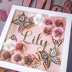 Personalized flower box shadow box with butterflies and handcrafted paper roses