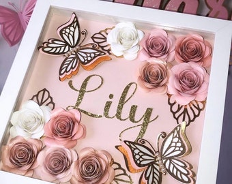 Personalized flower box shadow box with butterflies and handcrafted paper roses