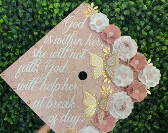 Graduation cap topper with paper flowers and butterflies grad cap