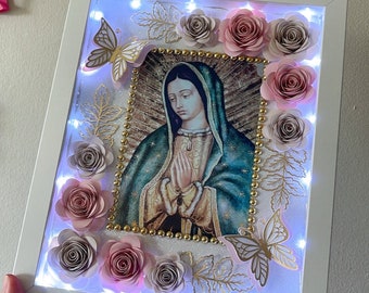 Our Lady of Guadalupe Shadow Box: Handmade Paper Roses, Lights