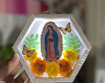 With Lights 6x5inch Wood Plaque Virgin Mary Religious Virgencita