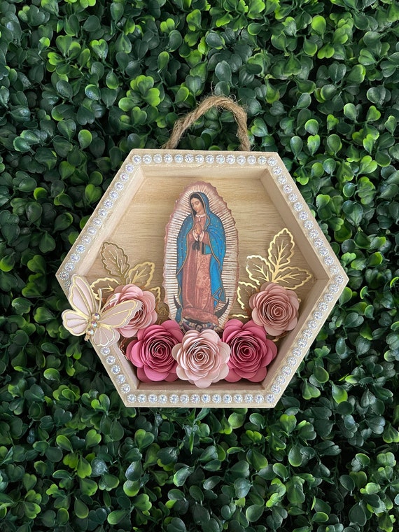 Virgencita Guadalupe Wood Plaque: Handmade Paper Flowers, Mexican Decor