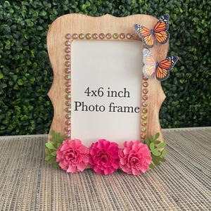 Colorful Butterfly Photo Frame – 4x6 Wood Keepsake with Handmade Paper Flowers – Celebration of Life or Memorial Decor