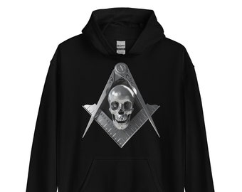 Masonic Hoodie, Freemason Silver Skull Square & Compass Hoodie, SM-5XL