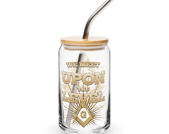 Masonic We Meet Upon the Level Square & Compass, Freemason Glass Cup Jar with Lid and Straw