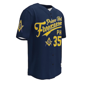 May include: Navy blue baseball jersey with yellow text that reads "Prince Hall Freemason" and "PH 35". The jersey features a button-up front and a Masonic symbol on the sleeve.