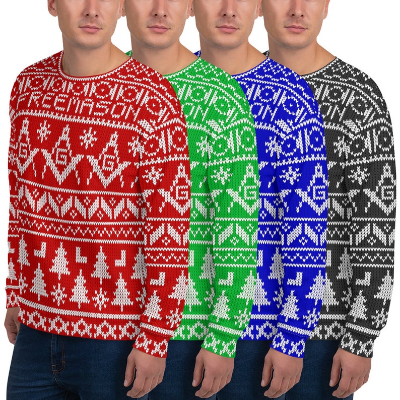 May include: Four long-sleeved sweaters with a Christmas-themed design featuring a white snowflake, a Christmas tree, and a Masonic symbol. The sweaters are red, green, blue, and black.
