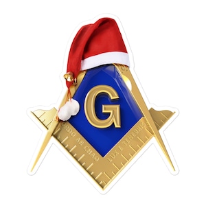Masonic Christmas Square & Compass Sticker, Freemason Xmas Sticker Decal Emblem with Santa&#39;s Hat