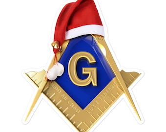 Masonic Christmas Square & Compass Sticker, Freemason Xmas Sticker Decal Emblem with Santa's Hat