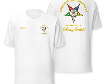 Camiseta personalizada da OES, com nome e número do capítulo personalizados, estampa na frente e nas costas.