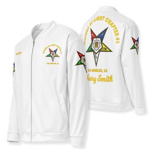 Gepersonaliseerde OES-bomberjack, custom Eastern Star-hoofdstuknaam en -nummer
