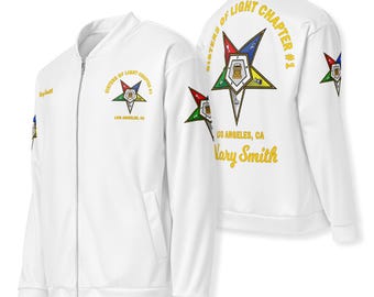 Jaqueta bomber personalizada da Ordem da Estrela do Oriente, com nome e número do capítulo personalizados.