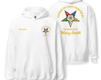 Moletom personalizado da Ordem da Estrela do Oriente, com nome e número do capítulo personalizados, estampa na frente e nas costas.