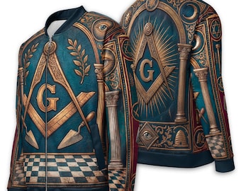 Jaqueta bomber maçônica com estampa completa e detalhes de esquadro e compasso.
