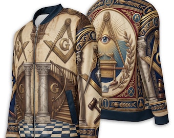 Jaqueta bomber com estampa maçônica completa, casaco simbólico maçônico com inspiração na arquitetura antiga.