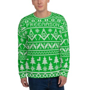 May include: Green and white Christmas sweater with a festive pattern and the text "FREEMASON".