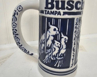 Budweiser Busch Gardens stein beer mug / cobalt blue and tankard parrots / made Early Ceramante in Brazil