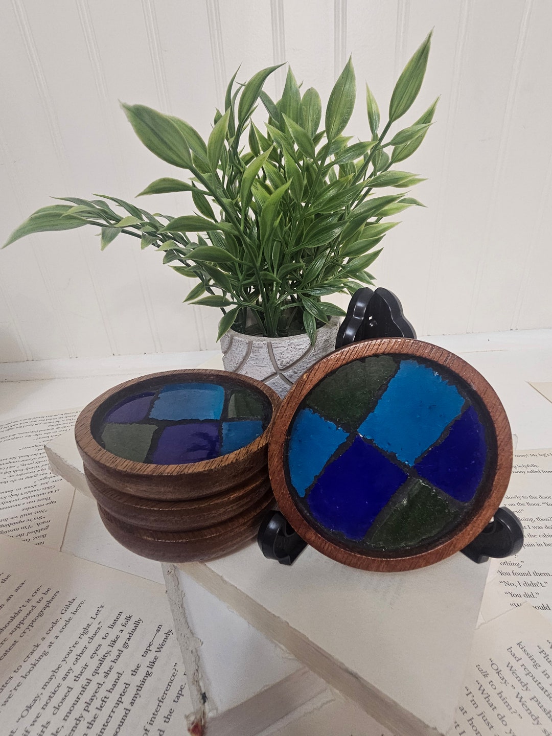 Set of 4 Mosaic Ceramic Tile & Wooden MCM Coasters / Teak Wood Etsy