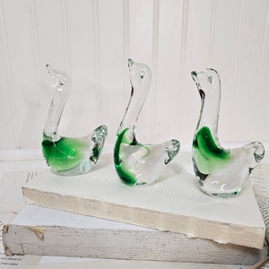 Murano inspired glass swan figurines - set of 3 / dark & light green