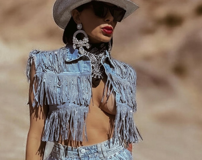 Rhinestone Fringe Denim Vest: Western Cowgirl Bridal Jacket