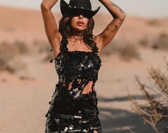 Black Sequin Fringe Festival Outfit Set, Black Fringe Western Glam Cowgirl, Disco Cowboy Outfit, Western Bachelorette Party Dress