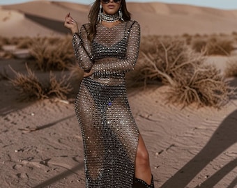 Rhinestone Western Dress, Crystal Festival Dress, Disco Queen Dress, Sparkle Cowgirl Outfit, Mirror Rhinestone Dress, Disco Cowgirl Outfit