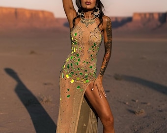 Nude Green Mirror Cut Out Dress 70s Disco Cowgirl Costume, Disco Queen Costume, Western Glam Outfit, Nude Bodysuit Dress, Poison Ivy Costume