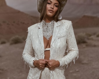 Sequin Fringe Bell Bottom Pants Set, Sequin Blazer Cowgirl Pants Set, Fringe Festival Pants, Bra and Blazer Set, Country Singer Outfit