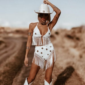 White Gold Sequin Fringed Cowgirl Festival Set Bachelorette Party Outfit Bridal Bikini Two Piece Rave Clothing Sequin Kimono Fringe Pants Etsy