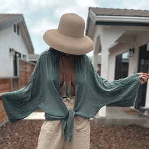 100% Cotton Raw Edge Front Tie Kimono Green  Bohemian Flow Dance Tulum Outfit Boho Hippie Kimono Divine Feminine Goddess