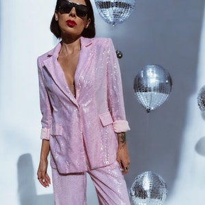 Pink Sequin Diamond Disco Jacket, Babydoll Sequin Blazer, Disco Queen Outfit, Country Girl Pink Cowgirl Outfit, Bachelorette Party Dress