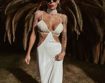 Bohemian Beach Wedding Dress: Sea Shell Fringe, Backless Lurex Maxi