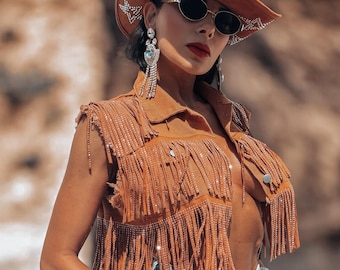 Rhinestone Fringe Denim Vest: Western Cowgirl Bridal Jacket