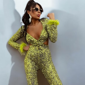 Green Sequin Cut Out Jumpsuit: 70s Disco Cowgirl Costume, Disco Queen Costume, Western Glam Outfit