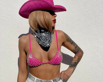 Pink Diamond Bra, Festival Top Rhinestone Bikini Top, Cowgirl Outfit Country Festival Costume, Festival Rave Top, Bachelorette Party Outfit