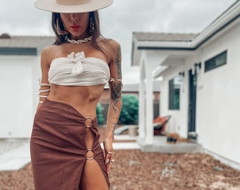 High Slit Linen Blend Maxi Skirt: Ring Detail, Bohemian Rave Style
