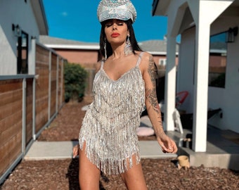 Silver Sequin Fringe Mini Dress Space Cowboy Cowgirl Outfit Bachelorette Party Outfit Festival Outfit Concert Dress