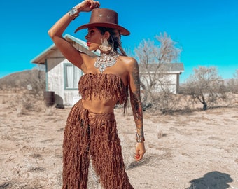 Western Crochet Cowboy Knit Fringe Rave Set Bachelorette Outfit Fringe Cowgirl Flare Pants