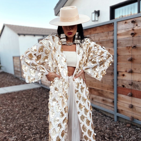 Matte Gold Fringe Sequin Maxi Kimono Festival Rave Gold Jacket Boho Kimono Goddess Gold Metallic Maxi Coat Duster Gold Costume Bridal Jacket