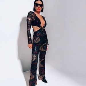 Studio 54 Disco Sequin Groovy Jumpsuit Festival Cut Out Jumpsuit  70s Inspired Retro Jumpsuit Festival Rave Party Sequin Cowgirl Costume